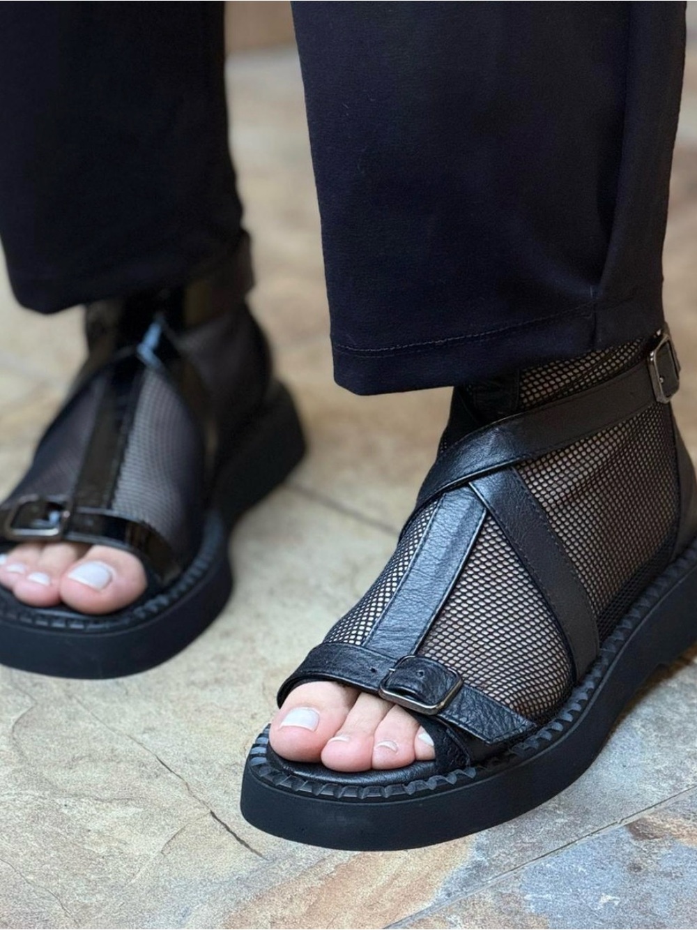 Women Black Mesh Leather Strap Sandals